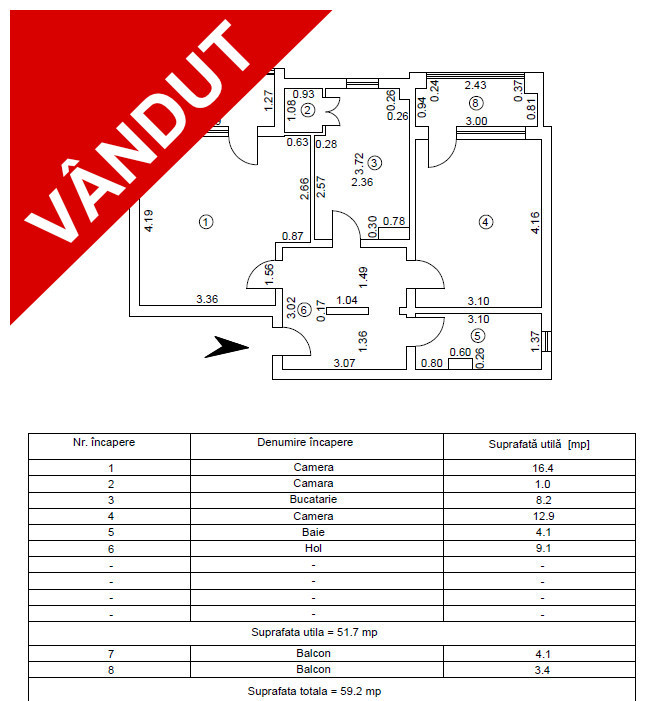 Apartament pe Est în etaj 1 la vânzare